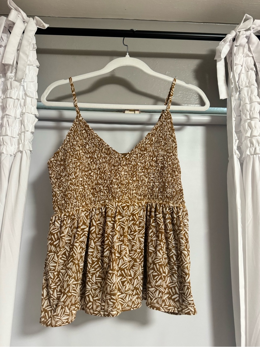 Brown Printed Smocked Double Lined Cami Tank Top